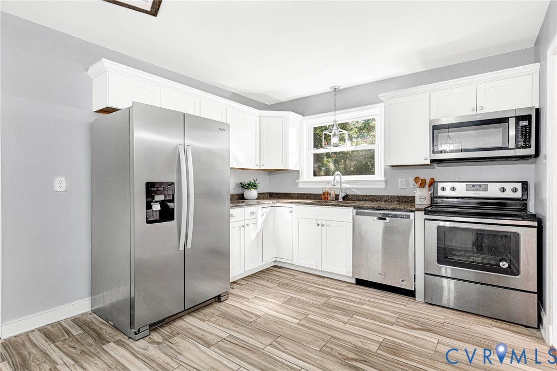 7304 Bowler Street, Henrico, VA 23228 Kitchen featuring white cabinetry, wood-finish flooring, stainless steel appliances, and stone-finish countertops