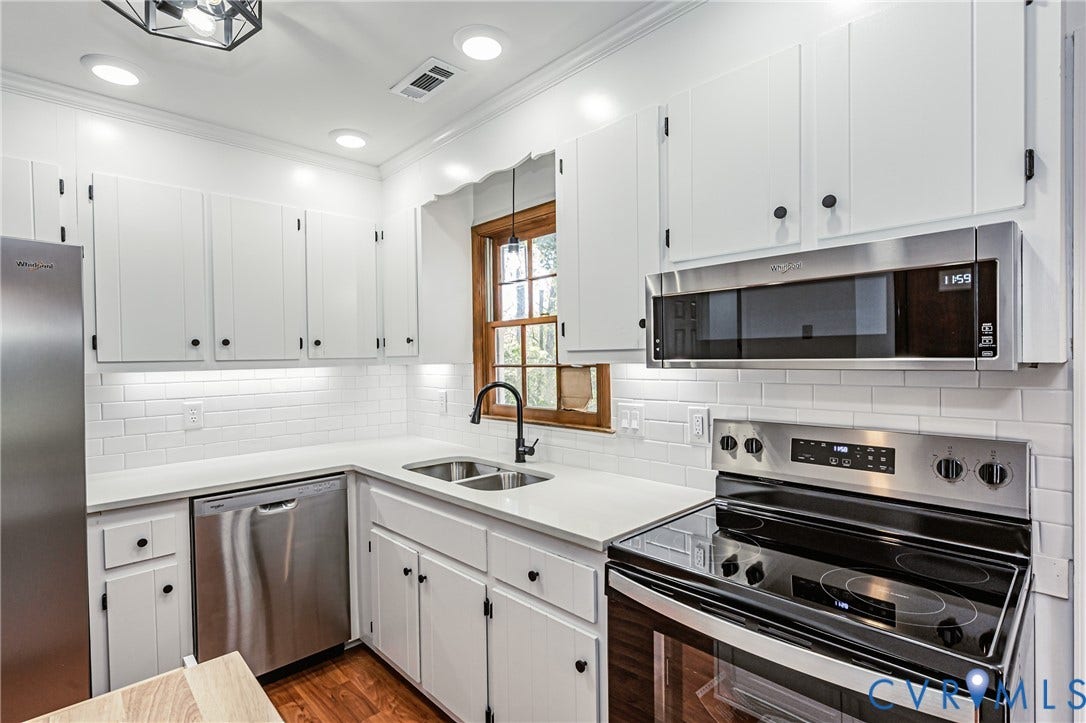 10100 Brittonwood Drive, Chesterfield, VA 23237 Kitchen featuring white shaker-style cabinetry, stainless steel appliances, solid surface countertops, a white subway tile backsplash, and a matte black faucet