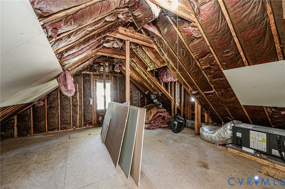 10100 Brittonwood Drive, Chesterfield, VA 23237 Unfinished attic space featuring exposed wood-frame rafters, fiberglass insulation, subflooring, and an installed HVAC unit