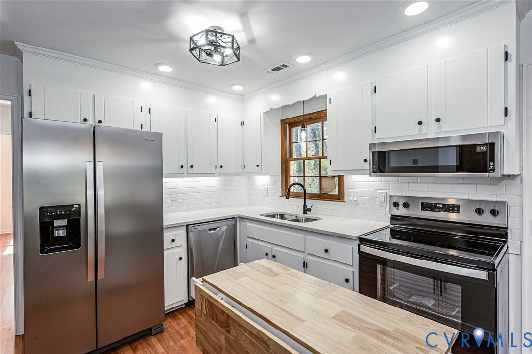 10100 Brittonwood Drive, Chesterfield, VA 23237 Kitchen featuring white cabinetry, stainless steel appliances, subway tile backsplash, wood-finish flooring, and a butcher block island