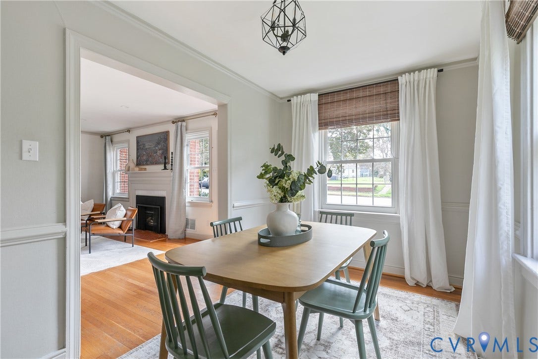 4710 Park Avenue, Mary Munford / Near West End, Richmond, VA 23226 Dining area featuring wood-finish flooring, wainscoting, a geometric pendant light fixture, and multi-pane windows with woven shades