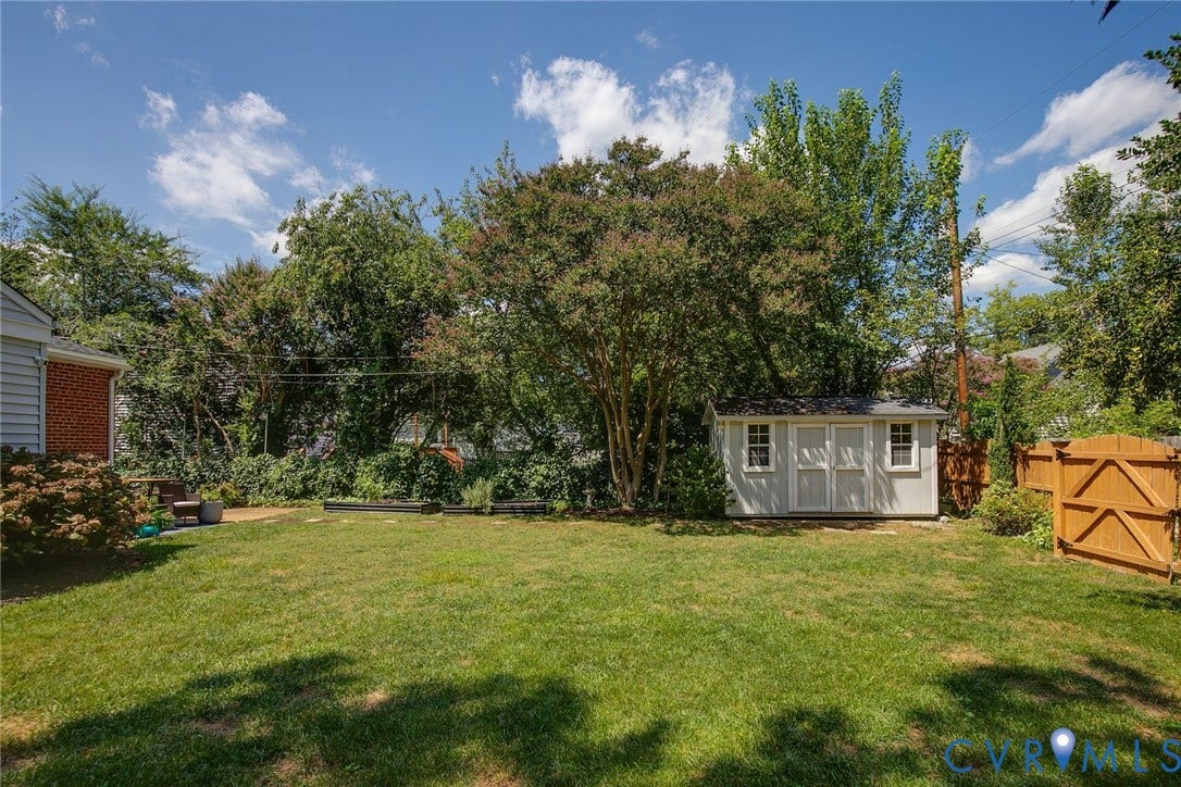 4710 Park Avenue, Mary Munford / Near West End, Richmond, VA 23226 Backyard featuring a grass lawn, mature trees, storage shed, and wood perimeter fencing
