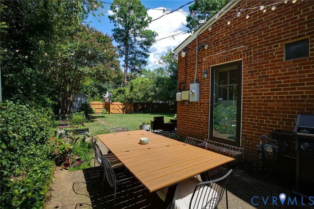 4710 Park Avenue, Mary Munford / Near West End, Richmond, VA 23226 Private backyard featuring a brick exterior wall, concrete patio, perimeter wood fencing, and mature landscaping