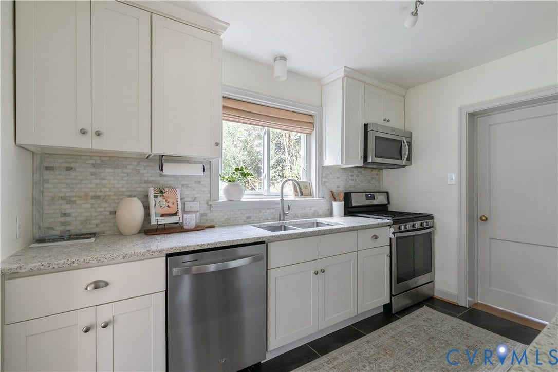 4710 Park Avenue, Mary Munford / Near West End, Richmond, VA 23226 Kitchen featuring white cabinetry, stone-finish countertops, tile backsplash, stainless steel appliances, and dark tile flooring