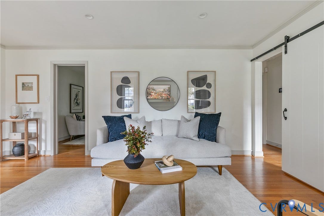 4710 Park Avenue, Mary Munford / Near West End, Richmond, VA 23226 Interior space featuring wood-finish flooring, recessed lighting, and a white sliding barn door with black hardware
