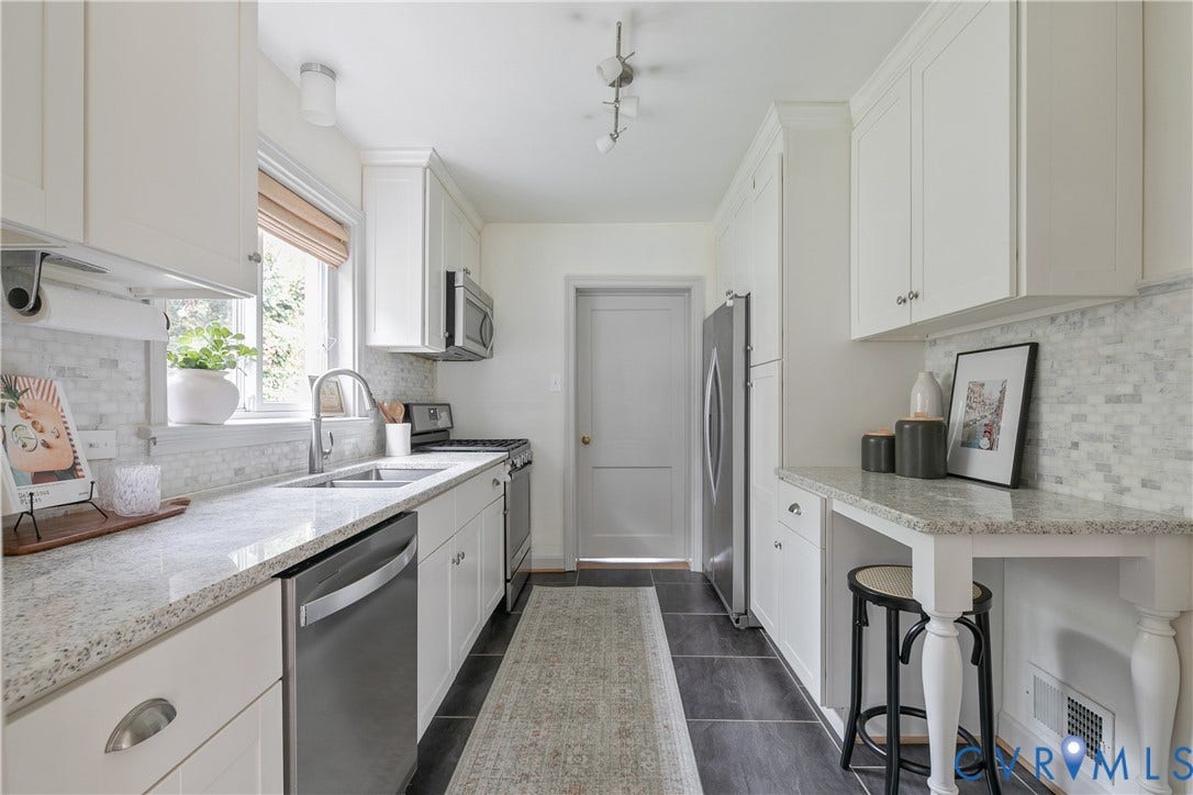 4710 Park Avenue, Mary Munford / Near West End, Richmond, VA 23226 Kitchen featuring white shaker-style cabinetry, stone countertops, a mosaic tile backsplash, stainless steel appliances, and a built-in breakfast bar