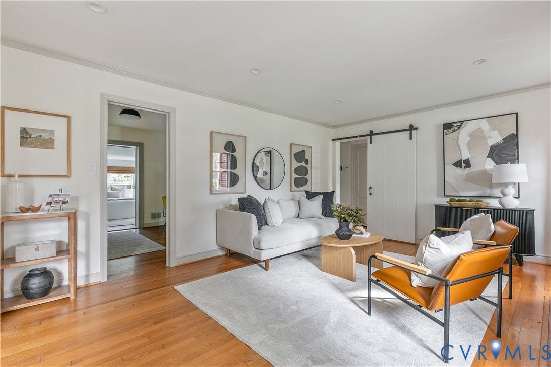 4710 Park Avenue, Mary Munford / Near West End, Richmond, VA 23226 Interior space featuring wood-finish flooring, recessed lighting, and a white sliding barn door with black iron hardware