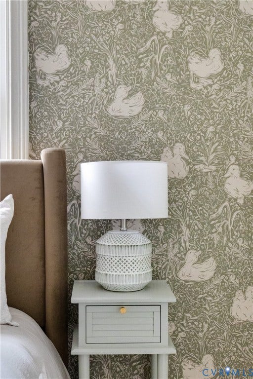 4710 Park Avenue, Mary Munford / Near West End, Richmond, VA 23226 Olive-toned botanical wallpaper featuring a repeating bird and flora motif