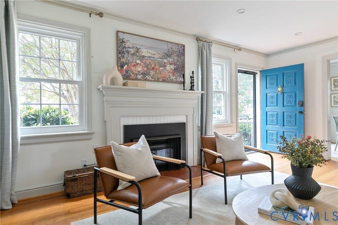4710 Park Avenue, Mary Munford / Near West End, Richmond, VA 23226 Interior featuring a fireplace with a decorative mantel, wood-finish flooring, multi-pane windows, and a paneled entry door with hardware
