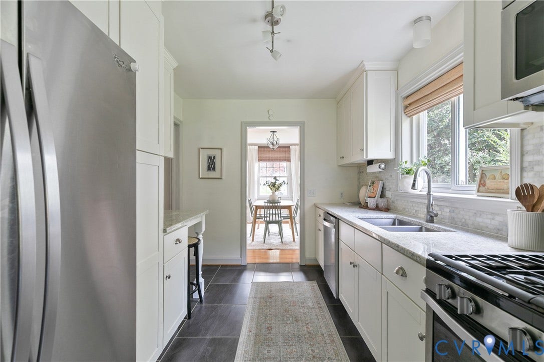 4710 Park Avenue, Mary Munford / Near West End, Richmond, VA 23226 Kitchen featuring white shaker-style cabinetry, stone countertops, stainless steel appliances, a double-basin undermount sink, and tile flooring