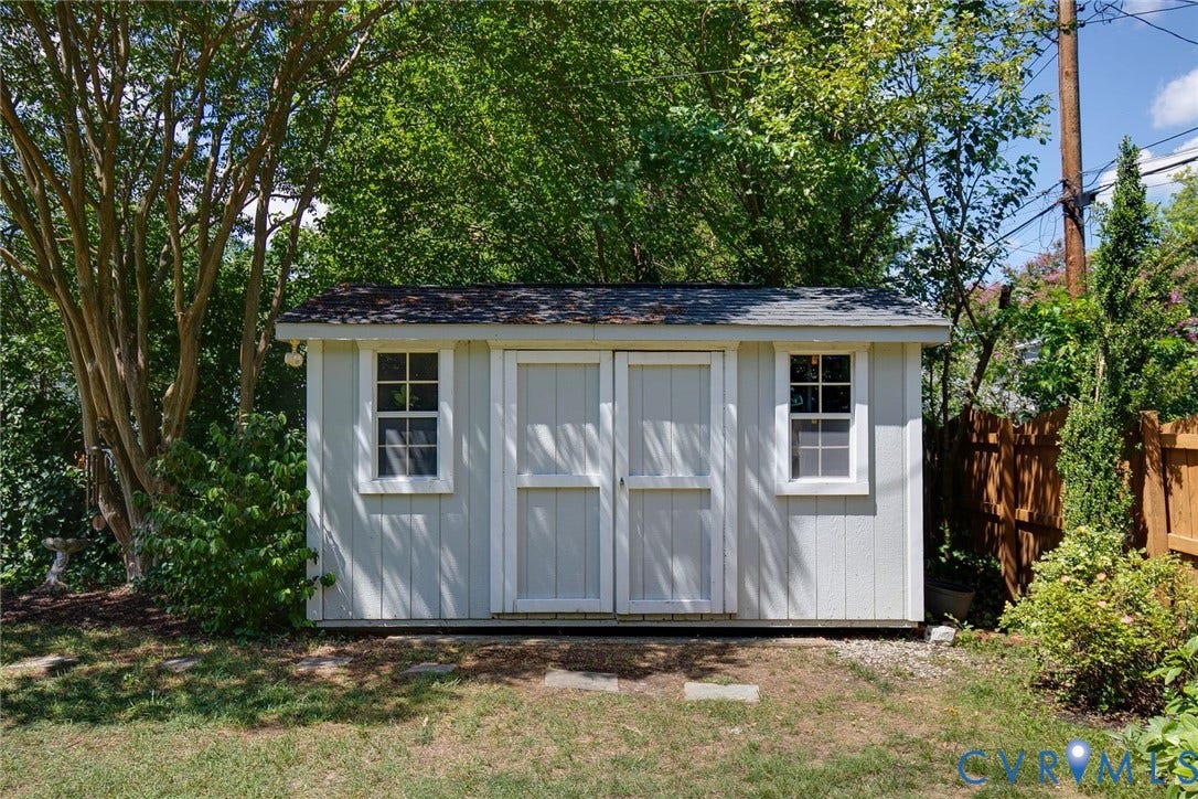 4710 Park Avenue, Mary Munford / Near West End, Richmond, VA 23226 Outdoor storage structure featuring light-toned vertical siding, a shingled roof, double-door entry, and two grid-pane windows