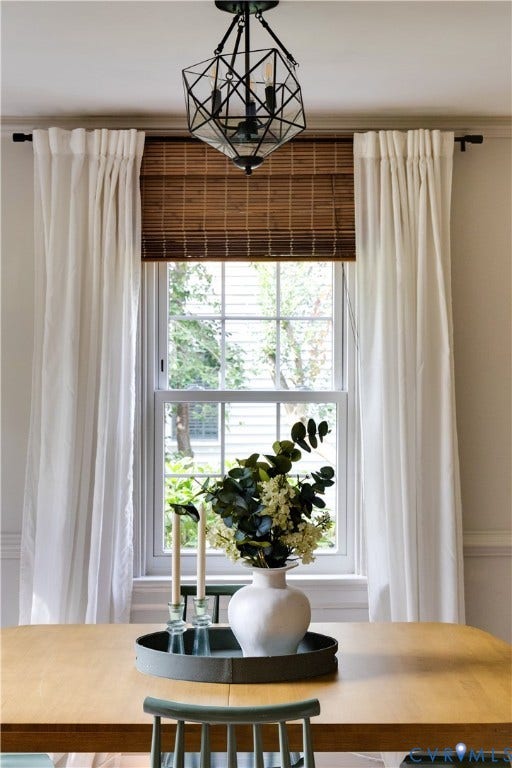4710 Park Avenue, Mary Munford / Near West End, Richmond, VA 23226 Multi-pane double-hung window featuring a dark geometric metal pendant light fixture