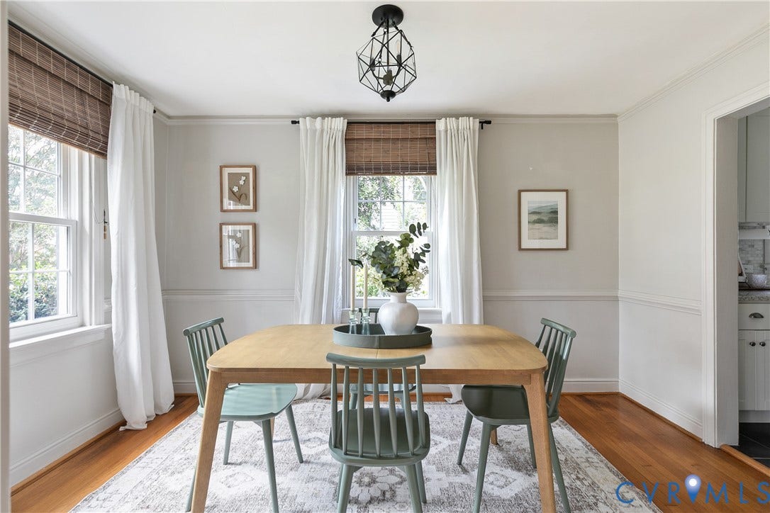 4710 Park Avenue, Mary Munford / Near West End, Richmond, VA 23226 Dining area featuring hardwood flooring, chair rail molding, multi-pane windows, and a geometric pendant light fixture