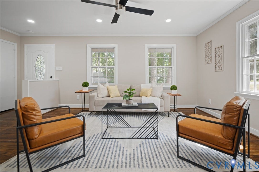 9010 Fawn Lane, Henrico, VA 23229 Living area featuring wood-finish flooring, recessed lighting, a ceiling fan, and double-hung windows