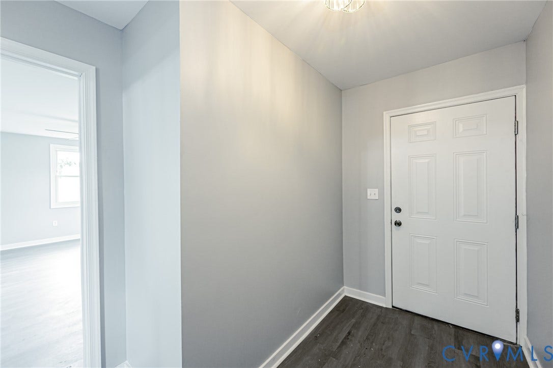 Entryway featuring a six-panel door, neutral wall paint, wood-finish flooring, and a flush-mount ceiling light fixture