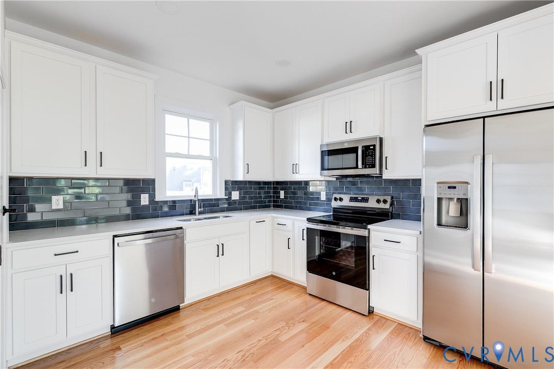 637 Ellens Haven Alley, Highland Grove, Richmond, VA 23222 Kitchen featuring white cabinetry, dark tile backsplash, wood-finish flooring, and stainless steel appliances