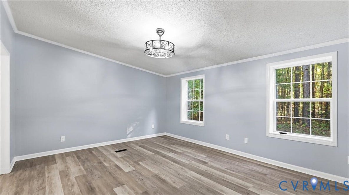 75 Claybank Road, Cumberland, VA 23040 Room featuring wood-finish flooring, dual windows with grid detailing, and a multi-light drum pendant fixture