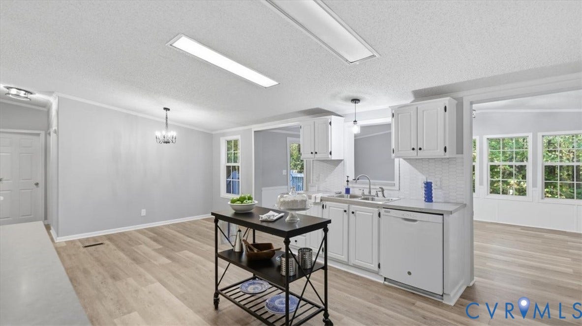 75 Claybank Road, Cumberland, VA 23040 Kitchen featuring white cabinetry, textured tile backsplash, stainless steel sink with goose-neck faucet, and wood-finish flooring