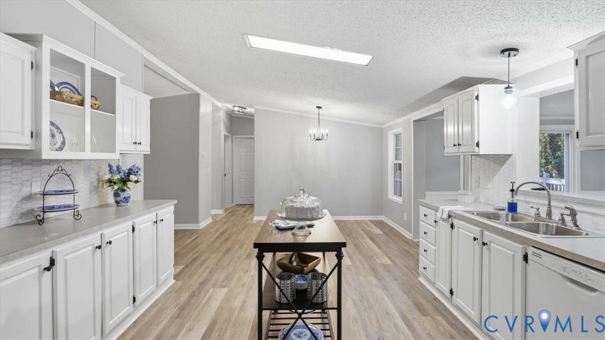 75 Claybank Road, Cumberland, VA 23040 Kitchen featuring white cabinetry, glass-front upper cabinets, hexagonal tile backsplash, wood-finish flooring, and a double-basin stainless steel sink with a high-arch faucet