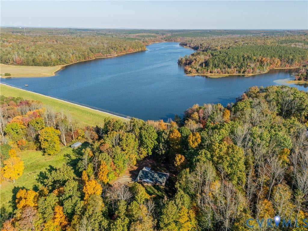 3621 Jefferson Highway, Mineral, VA 23093 Aerial perspective featuring waterfront access, extensive wooded acreage, and natural vegetation