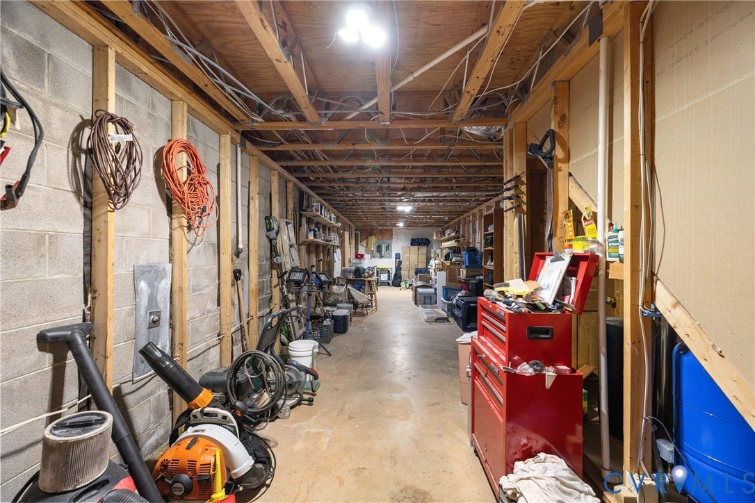 3621 Jefferson Highway, Mineral, VA 23093 Unfinished storage space featuring exposed timber joists, concrete masonry unit walls, and concrete flooring