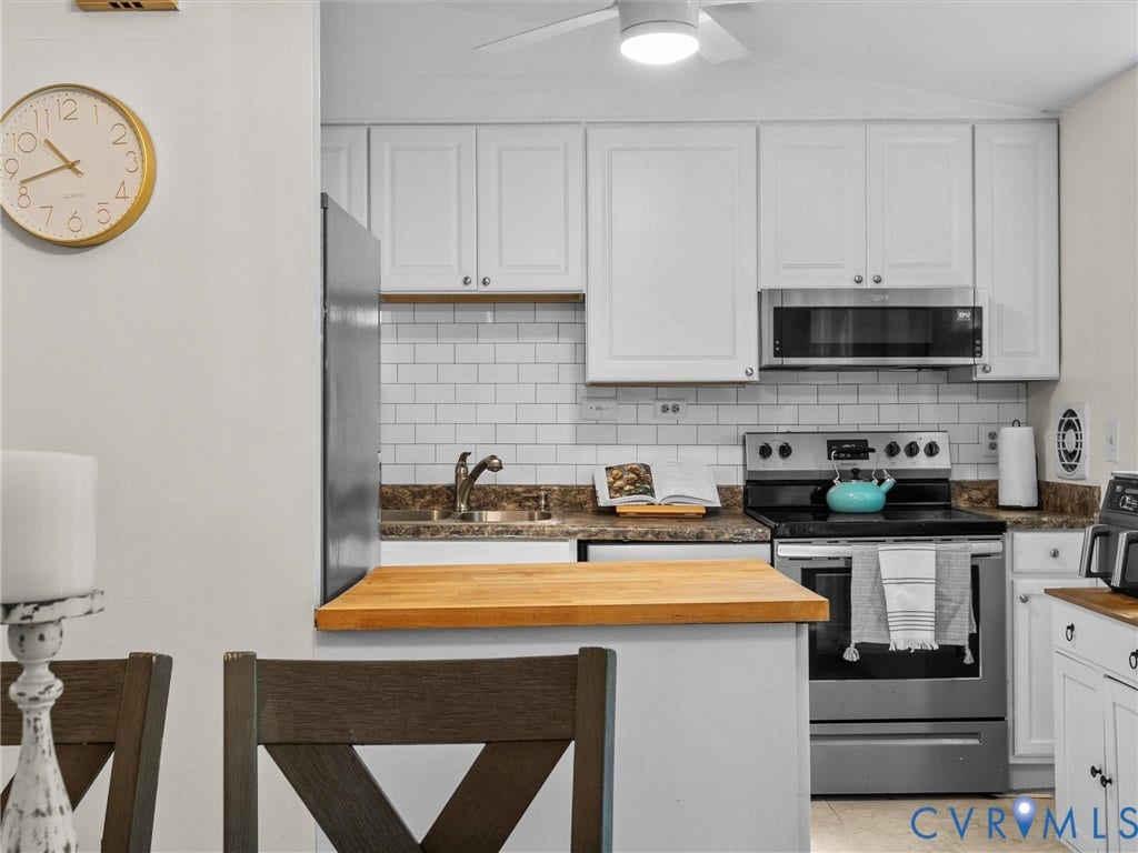 2703 Sutters Mill Court, Sutters Mill, Chesterfield, VA 23112 Kitchen featuring white cabinetry, a white subway tile backsplash, butcher block countertop, stainless steel appliances, and an undermount sink