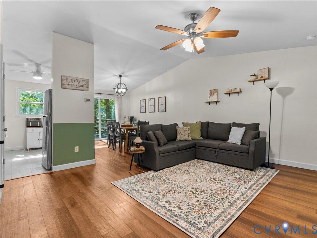 2703 Sutters Mill Court, Sutters Mill, Chesterfield, VA 23112 Vaulted ceilings, wood-finish flooring, ceiling fan with integrated lighting, and sliding glass doors