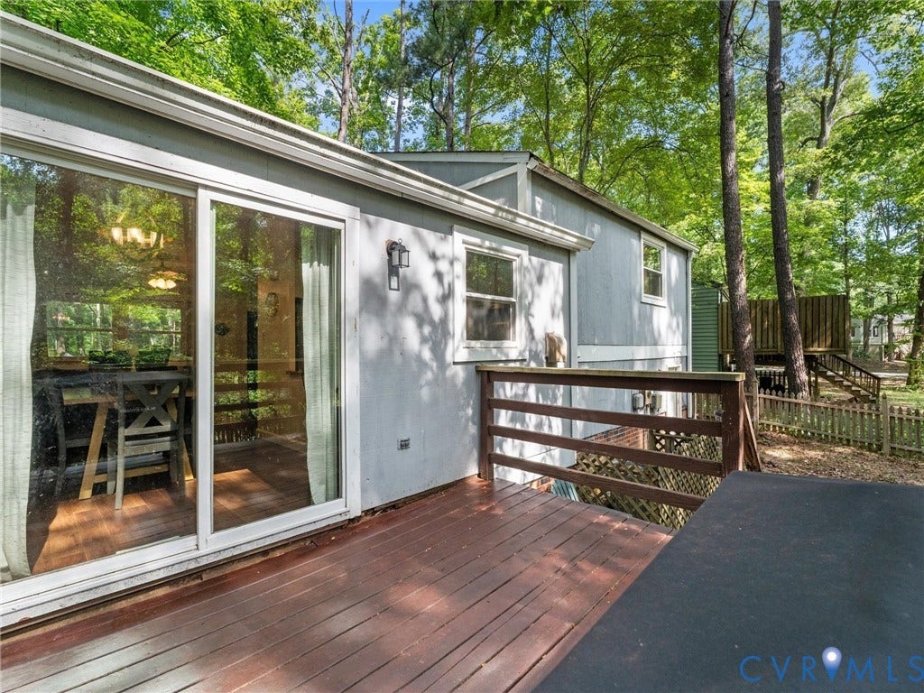 2703 Sutters Mill Court, Sutters Mill, Chesterfield, VA 23112 Wood deck featuring a horizontal rail, sliding glass door, and exterior wall-mounted lighting