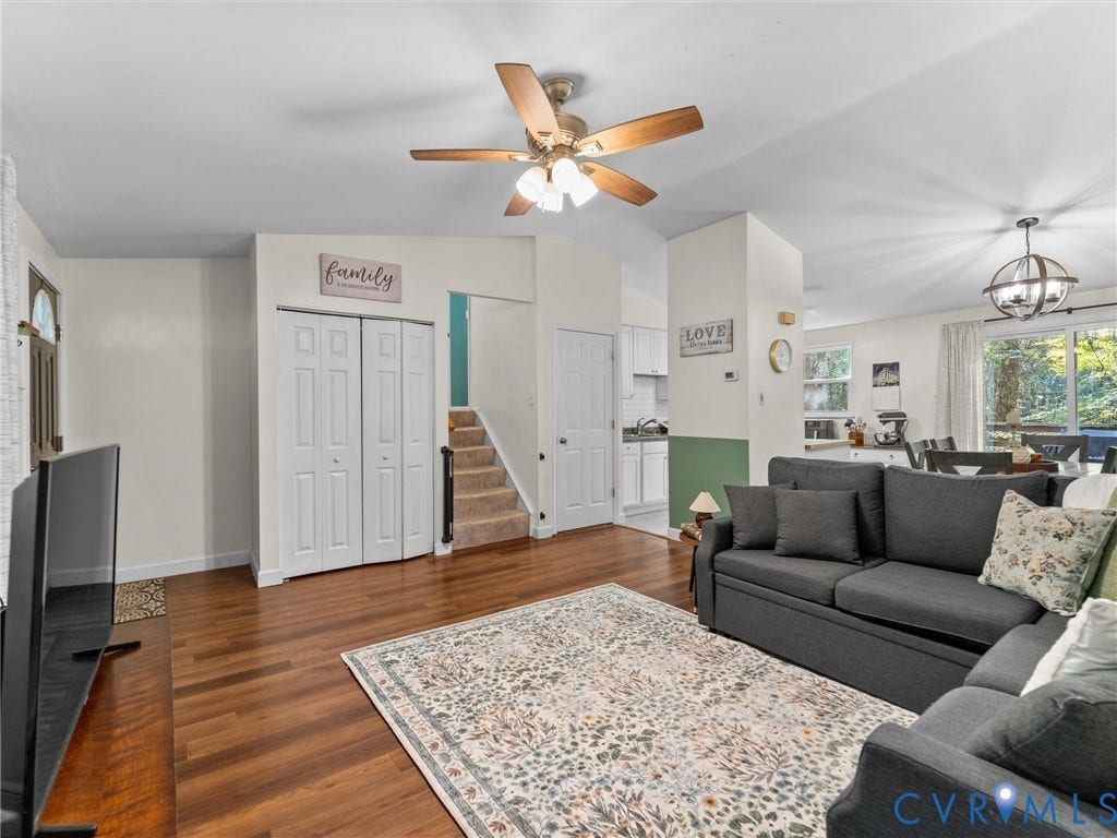 2703 Sutters Mill Court, Sutters Mill, Chesterfield, VA 23112 Living area featuring wood-finish flooring, vaulted ceilings with a multi-blade ceiling fan, and sliding glass doors with exterior access
