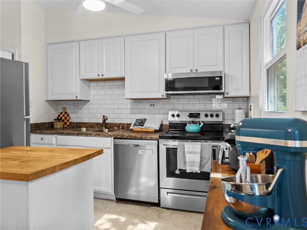 2703 Sutters Mill Court, Sutters Mill, Chesterfield, VA 23112 Kitchen featuring white shaker-style cabinetry, a white subway tile backsplash, stainless steel appliances, and a wood-finish countertop