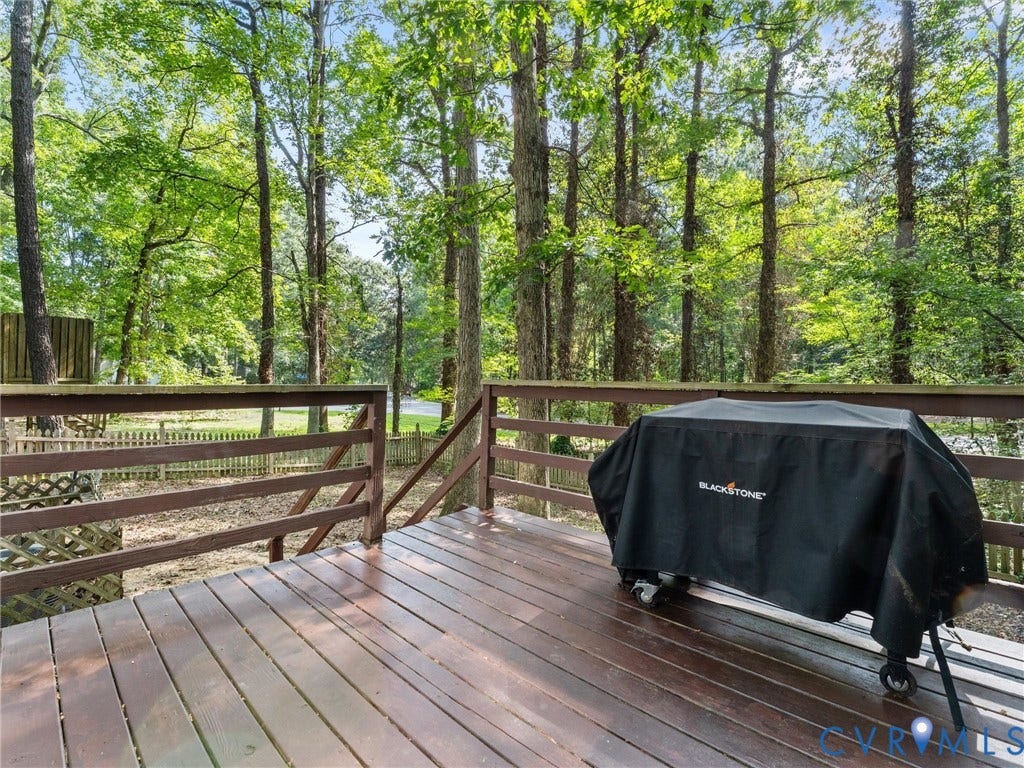 2703 Sutters Mill Court, Sutters Mill, Chesterfield, VA 23112 Elevated wood deck featuring a horizontal railing and expansive outdoor space shaded by mature trees