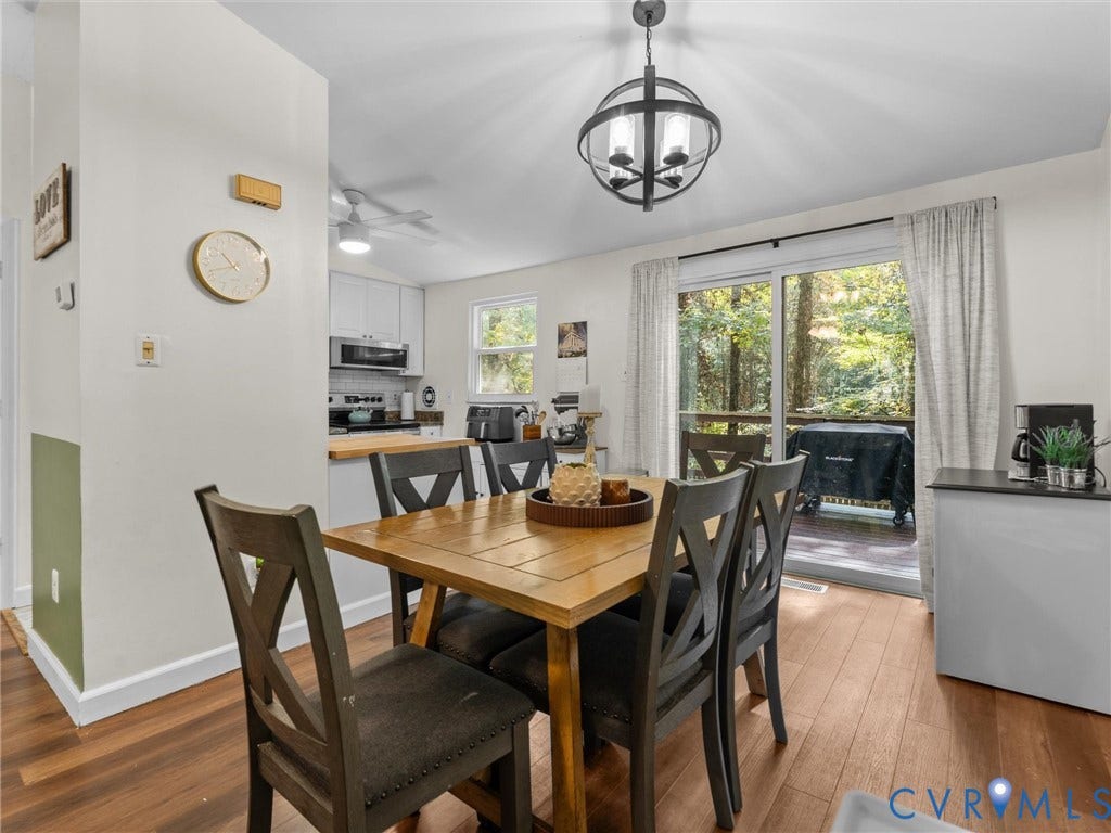 2703 Sutters Mill Court, Sutters Mill, Chesterfield, VA 23112 Dining area featuring wood-finish flooring, a spherical multi-light pendant fixture, and sliding glass doors with access to an exterior deck