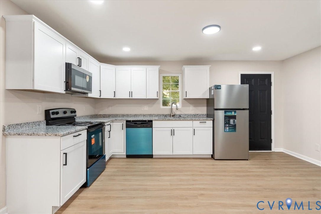 524 St Matthew Street, The Heights, Petersburg, VA 23803 Kitchen featuring white cabinetry, stone-finish countertops, stainless steel appliances, and wood-finish flooring