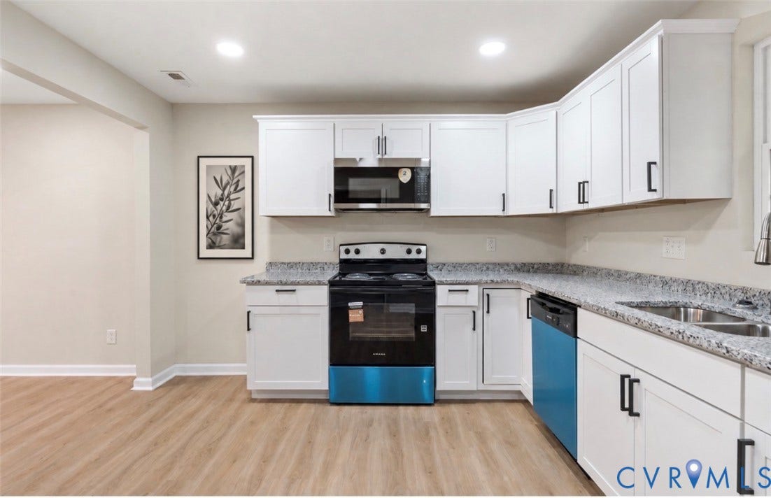 524 St Matthew Street, The Heights, Petersburg, VA 23803 Kitchen featuring white shaker-style cabinetry, stone-finish countertops, black built-in appliances, recessed lighting, and wood-finish flooring