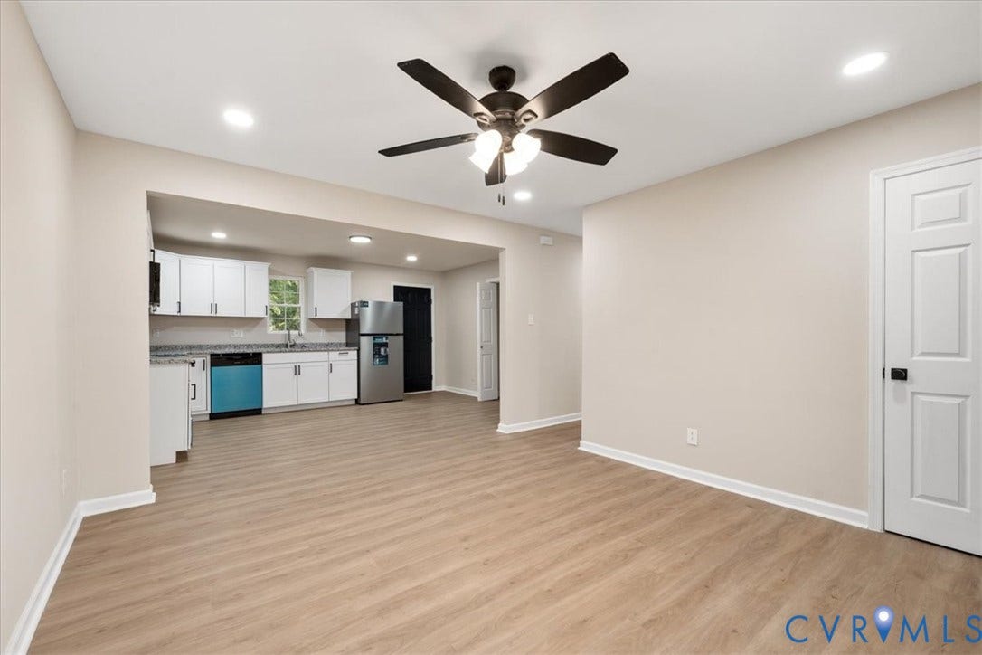 524 St Matthew Street, The Heights, Petersburg, VA 23803 Kitchen featuring white shaker-style cabinetry, stone-surface countertops, wood-finish flooring, recessed lighting, and a dark-finish ceiling fan
