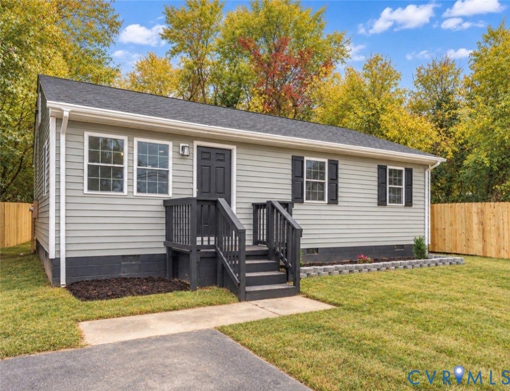 524 St Matthew Street, The Heights, Petersburg, VA 23803 Exterior featuring light gray horizontal siding, dark gray shutters, an elevated wooden porch entry, and a concrete block foundation base