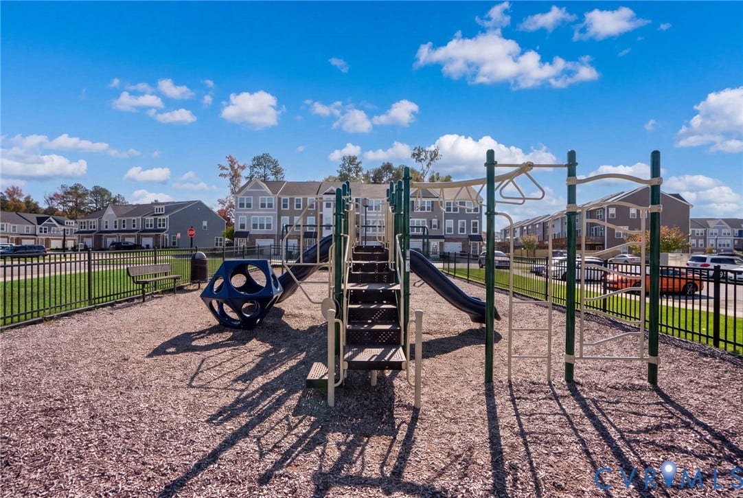 640 Rivanna Hill Road, Glen Allen, VA 23060 The fenced community playground features slides, climbing equipment, and nearby bench seating.