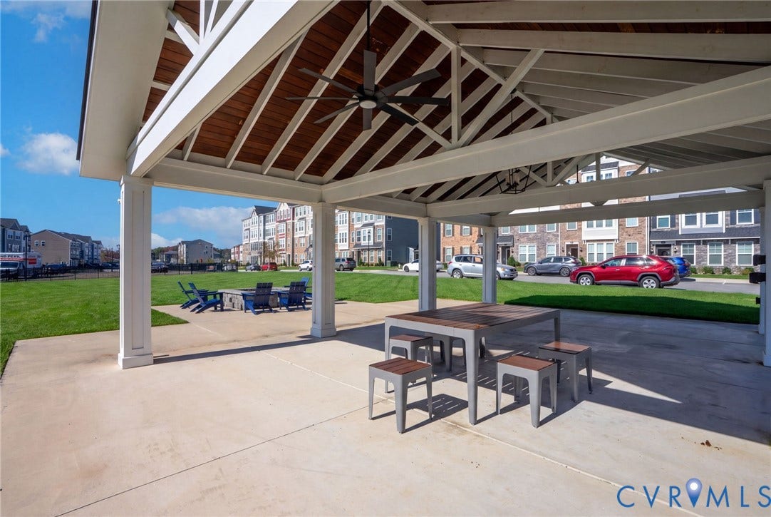 640 Rivanna Hill Road, Glen Allen, VA 23060 The covered community pavilion features shaded seating, ceiling fans, and views across the adjoining lawn and fire pit area.