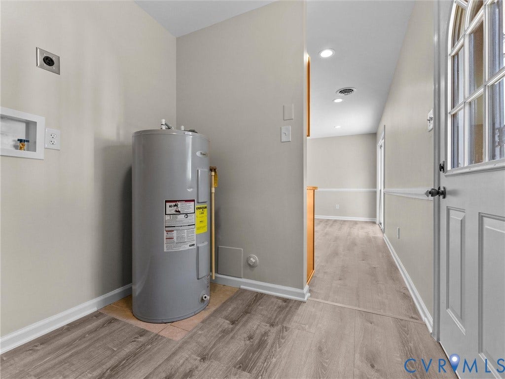 3303 Jowin Lane, Henrico, VA 23223 Utility area featuring water heater, laundry hookups, wood-finish flooring, recessed lighting, and exterior door with glass insert