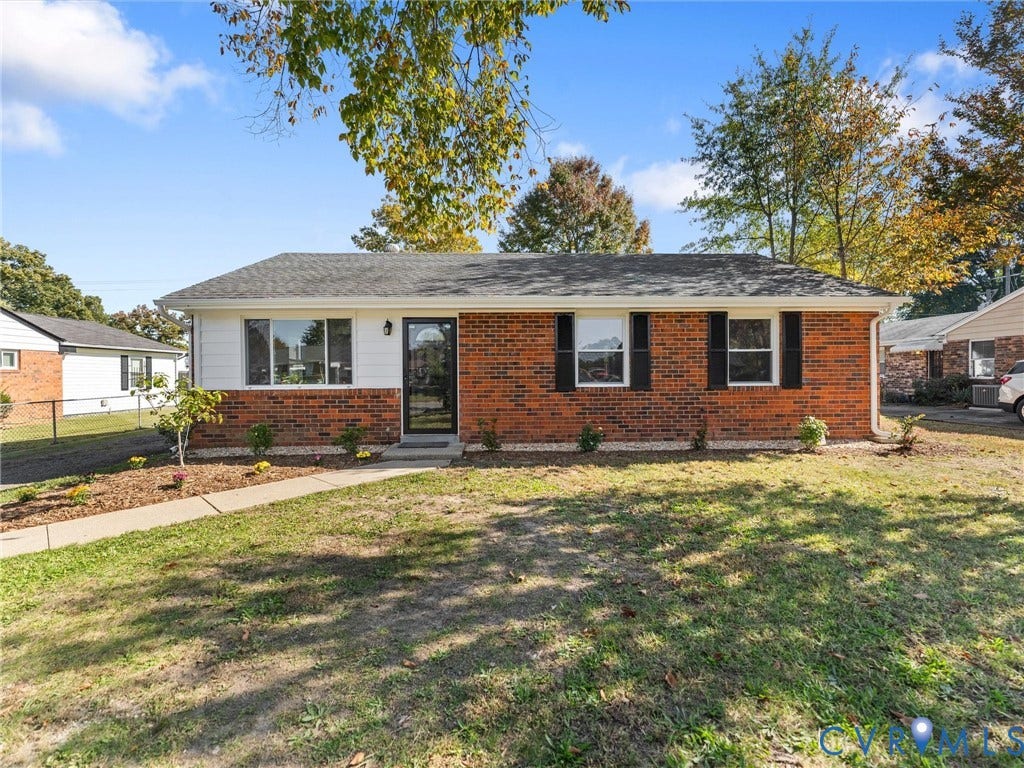3303 Jowin Lane, Henrico, VA 23223 Single-story brick and siding exterior featuring dark shutters, a front walkway, and mature trees