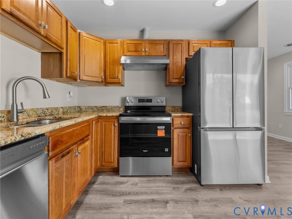 3303 Jowin Lane, Henrico, VA 23223 Kitchen featuring wood cabinetry, stone countertops, stainless steel appliances, a high-arc faucet, and wood-finish flooring