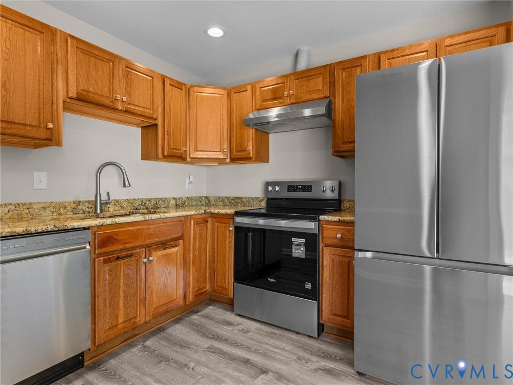 3303 Jowin Lane, Henrico, VA 23223 Kitchen featuring wood cabinetry, stone countertops, stainless steel appliances, a high-arc faucet, and wood-finish flooring