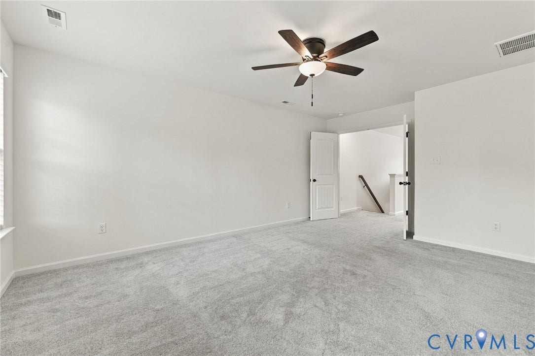 7712 Hawthorne Avenue, Henrico, VA 23227 Neutral-toned wall-to-wall carpeting, ceiling fan with integrated lighting, and white six-panel interior door