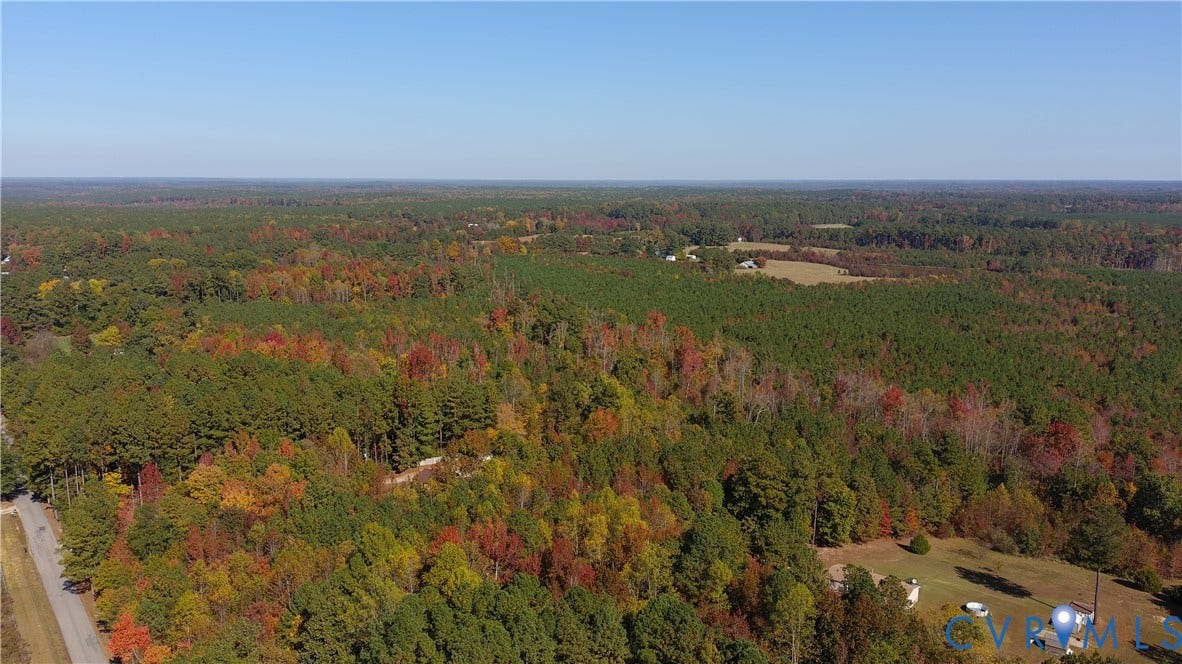 9913 White Oak Church Road, Dinwiddie, VA 23894 Aerial view featuring expansive acreage, mature forest coverage, and paved road frontage