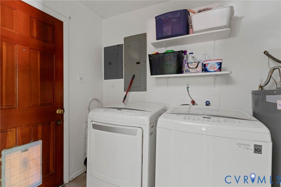 8444 New London Road, Mechanicsville, VA 23116 Solid wood door featuring a built-in pet portal, dual white wall-mounted shelving units, and dedicated laundry utility connections