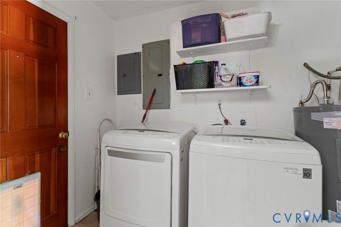 8444 New London Road, Mechanicsville, VA 23116 Laundry area featuring washer and dryer hookups, white wall-mounted shelving, solid wood door with brass hardware, and interior electrical service panels