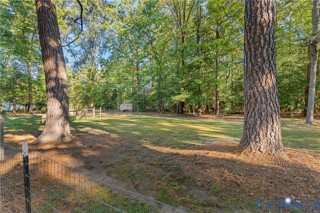 8444 New London Road, Mechanicsville, VA 23116 Expansive backyard featuring mature pine trees, a fenced perimeter, and a level grassy lawn