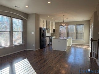 2144 Perennial Circle, Henrico, VA 23233 Kitchen featuring an expansive center island, custom cabinetry, stainless steel appliances, wood-finish flooring, and recessed lighting