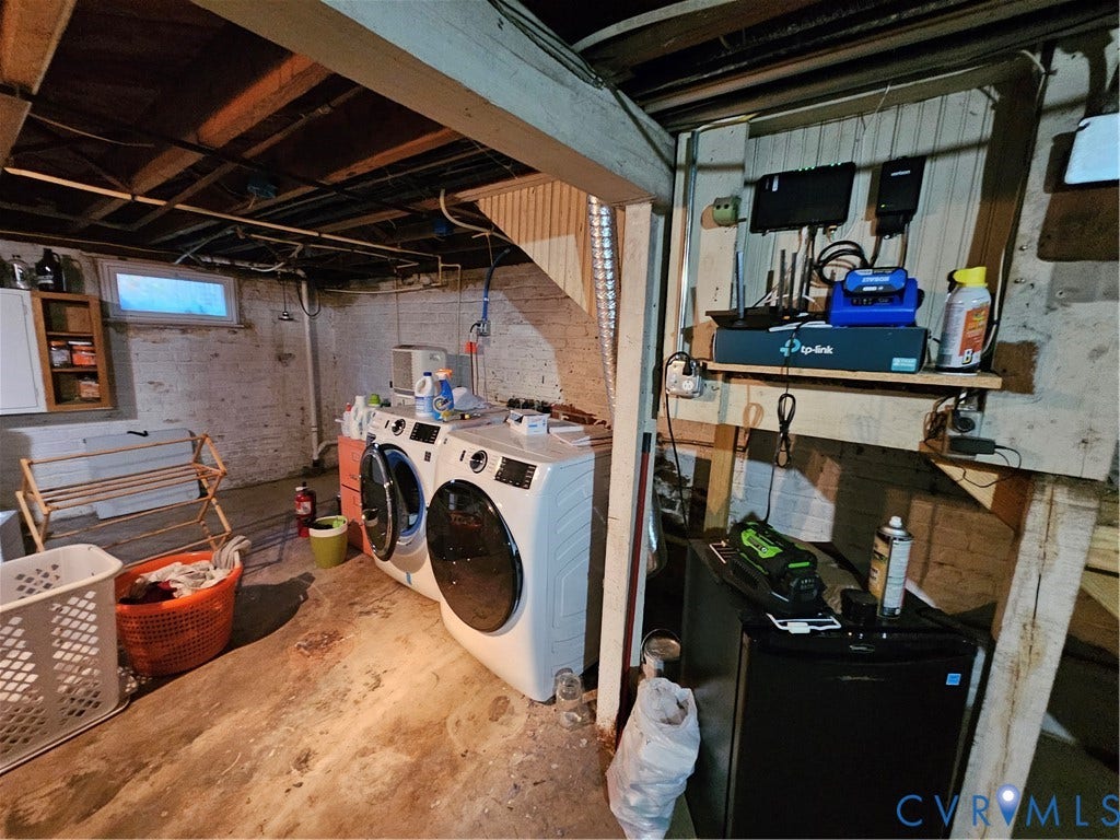 1206 Westminster Avenue, Richmond, VA 23227 Unfinished utility area featuring exposed joist ceiling, painted masonry walls, and integrated laundry hookups