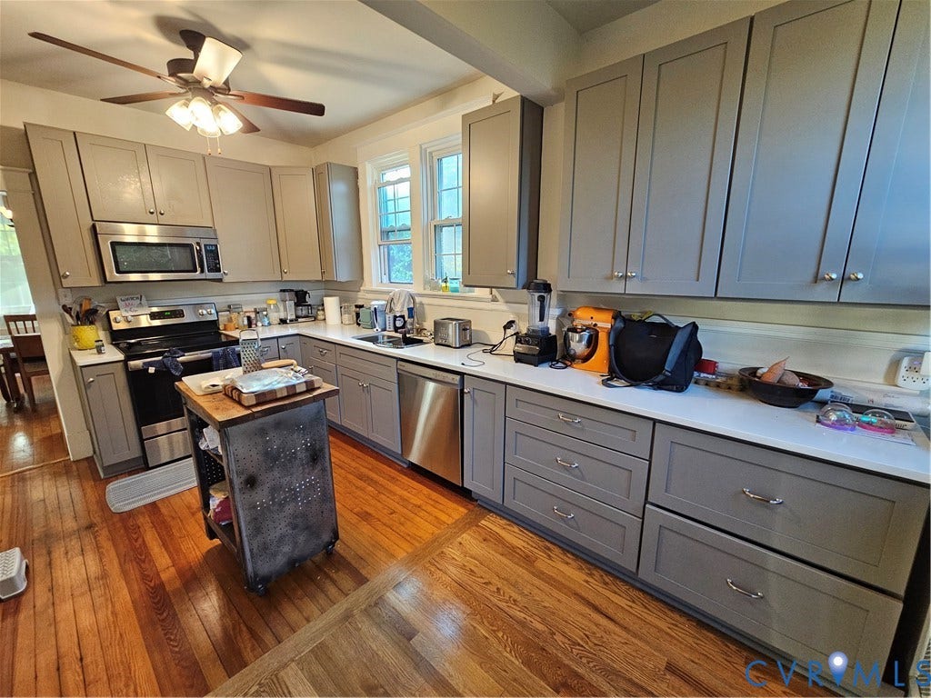 1206 Westminster Avenue, Richmond, VA 23227 Kitchen featuring shaker-style grey cabinetry, white countertops, stainless steel appliances, and wood-finish flooring